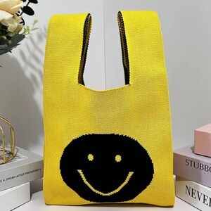 Heavy Woven Knit Smiley Pattern Tote Purse Bag Japanese Knot  Closure Style